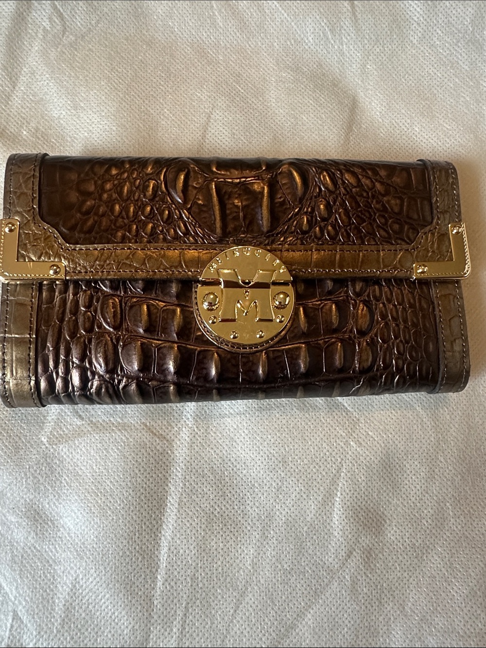 Brown Croc-Embossed Leather Wallet with Gold Hardware